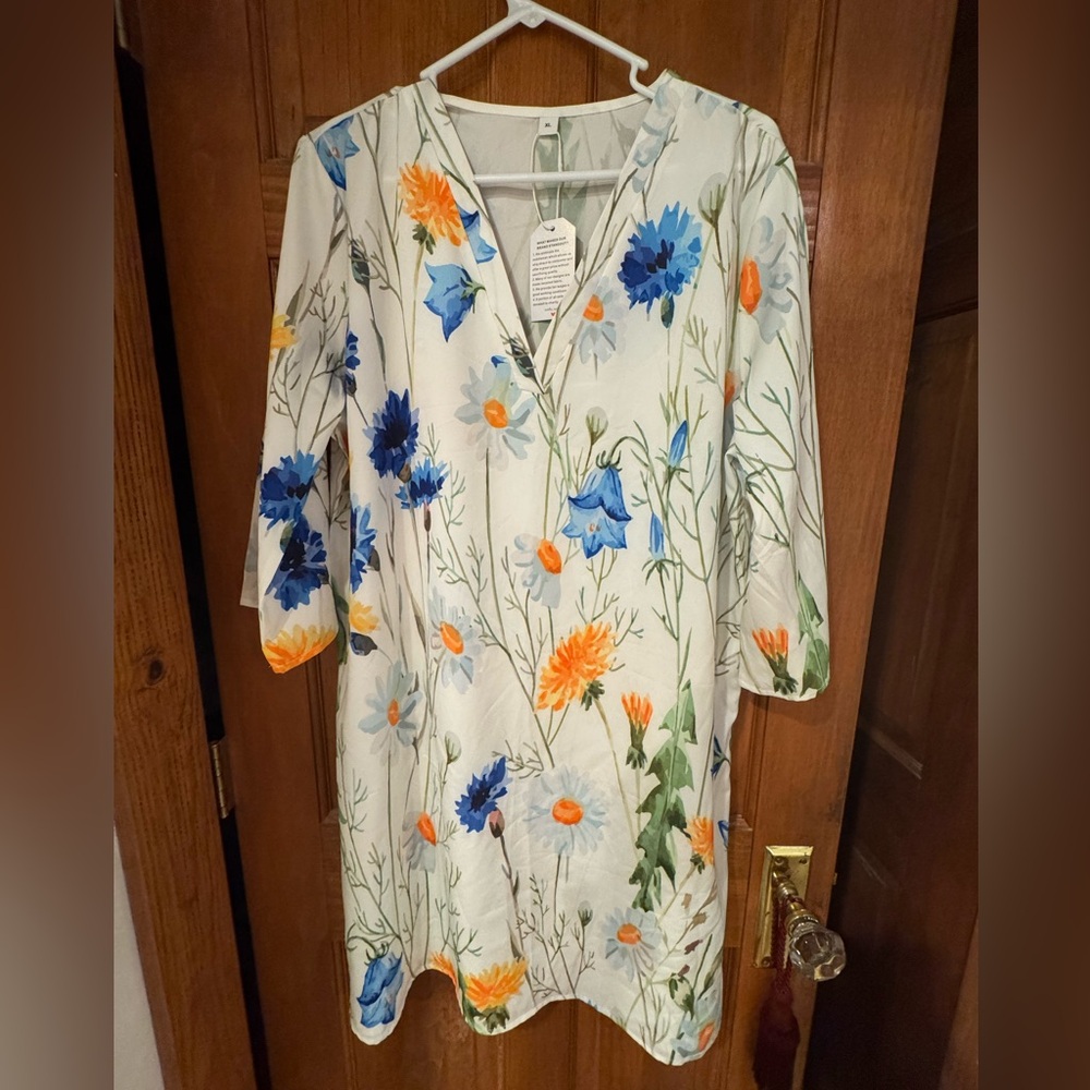 Floral Print Dress with Blue and Orange Flowers